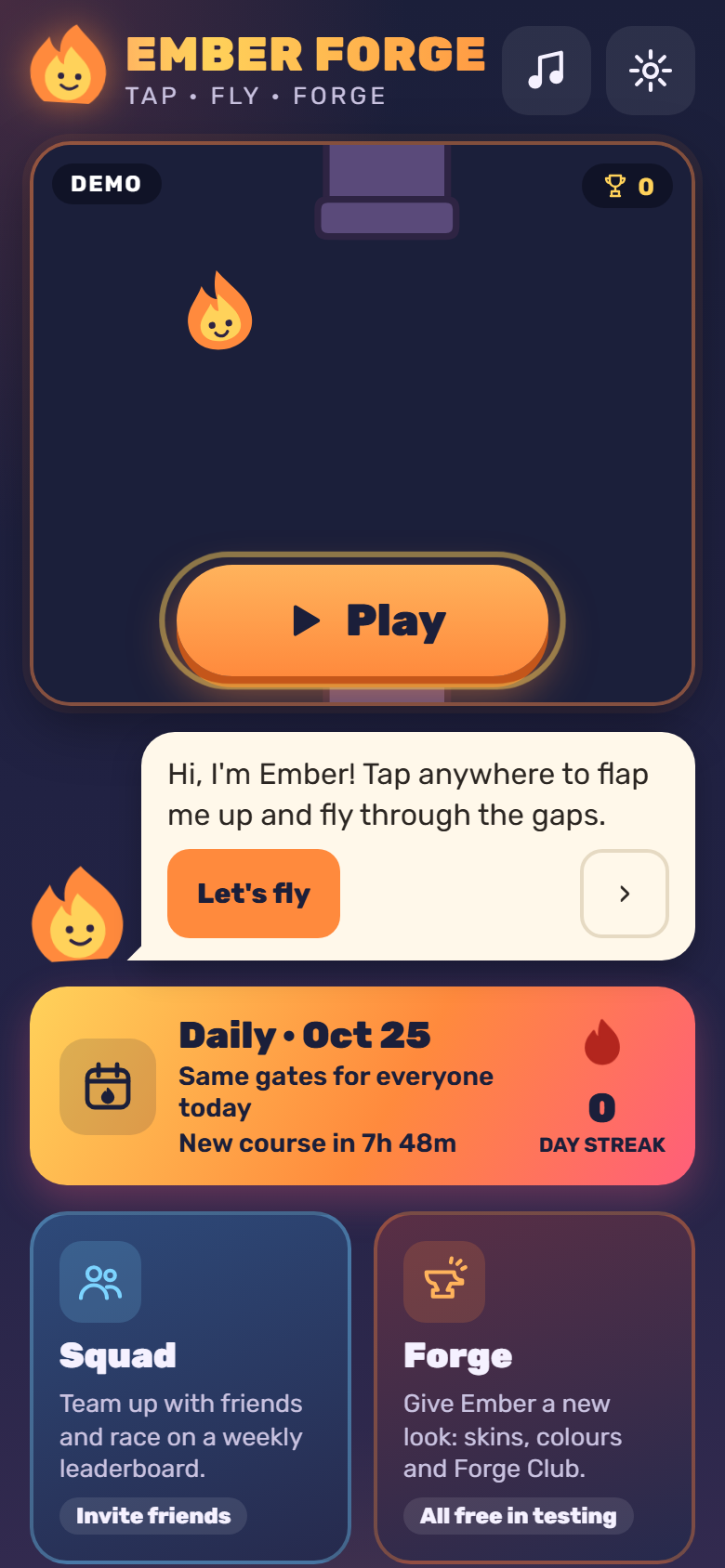 Ember Forge home screen with the Play button, the daily course and Squads